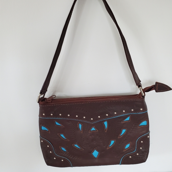 BOHO Western Leather Handbag Floral Tooled Turquoise Cut Outs Pockets Cowgirl - Picture 6 of 15